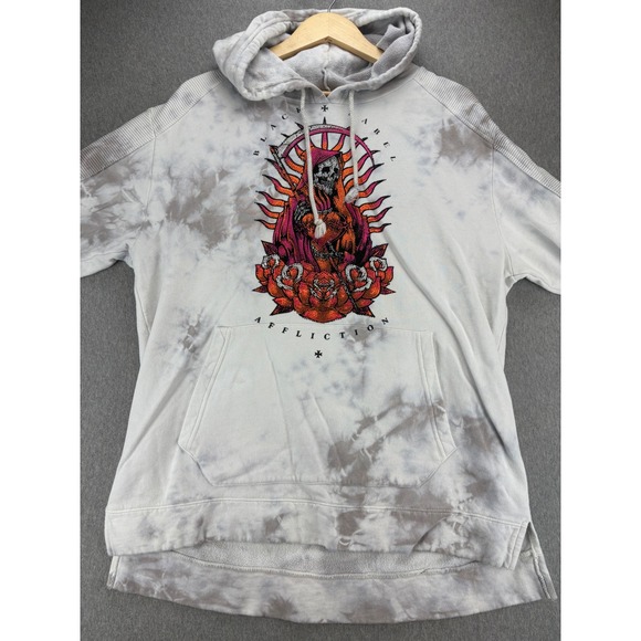 Black Label Affliction Hoodie Mens L Gray White Tie Dye Skull Rose Graphic - Picture 1 of 13